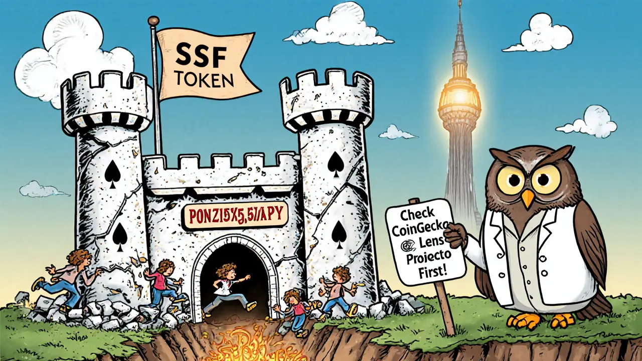 A collapsing SSF token castle with impossible yields crumbles as investors fall, while a wise owl points to a real project.