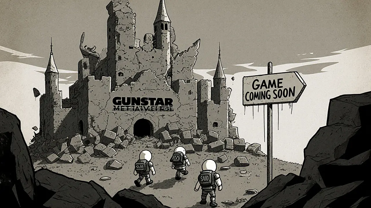 A crumbling castle labeled &#039;Gunstar Metaverse&#039; collapses as players leave for better games.