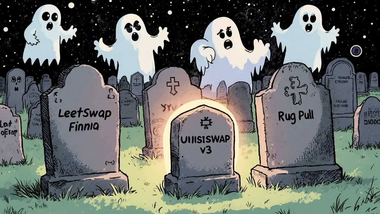 A crypto graveyard with LeetSwap tombstones and healthy DEXs standing tall in vintage cartoon style.