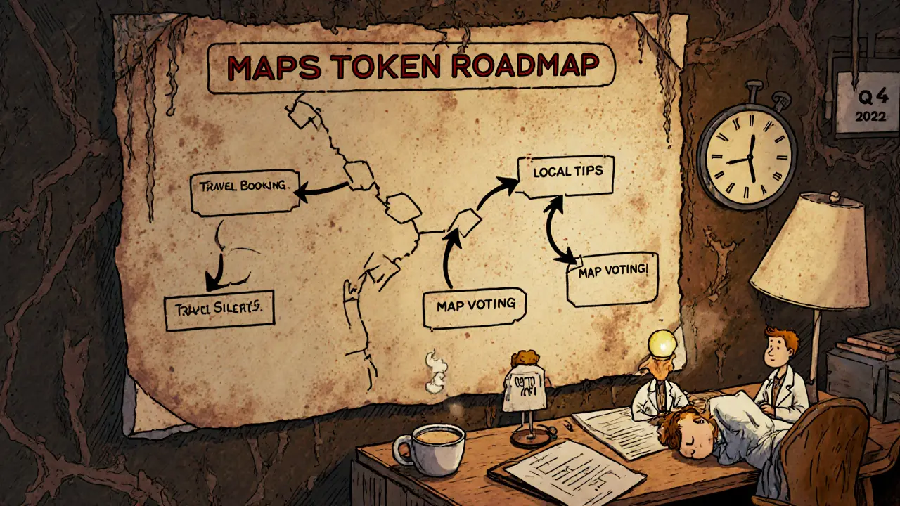A dusty roadmap with empty promises hangs on a wall as a team sleeps, in nostalgic cartoon style.
