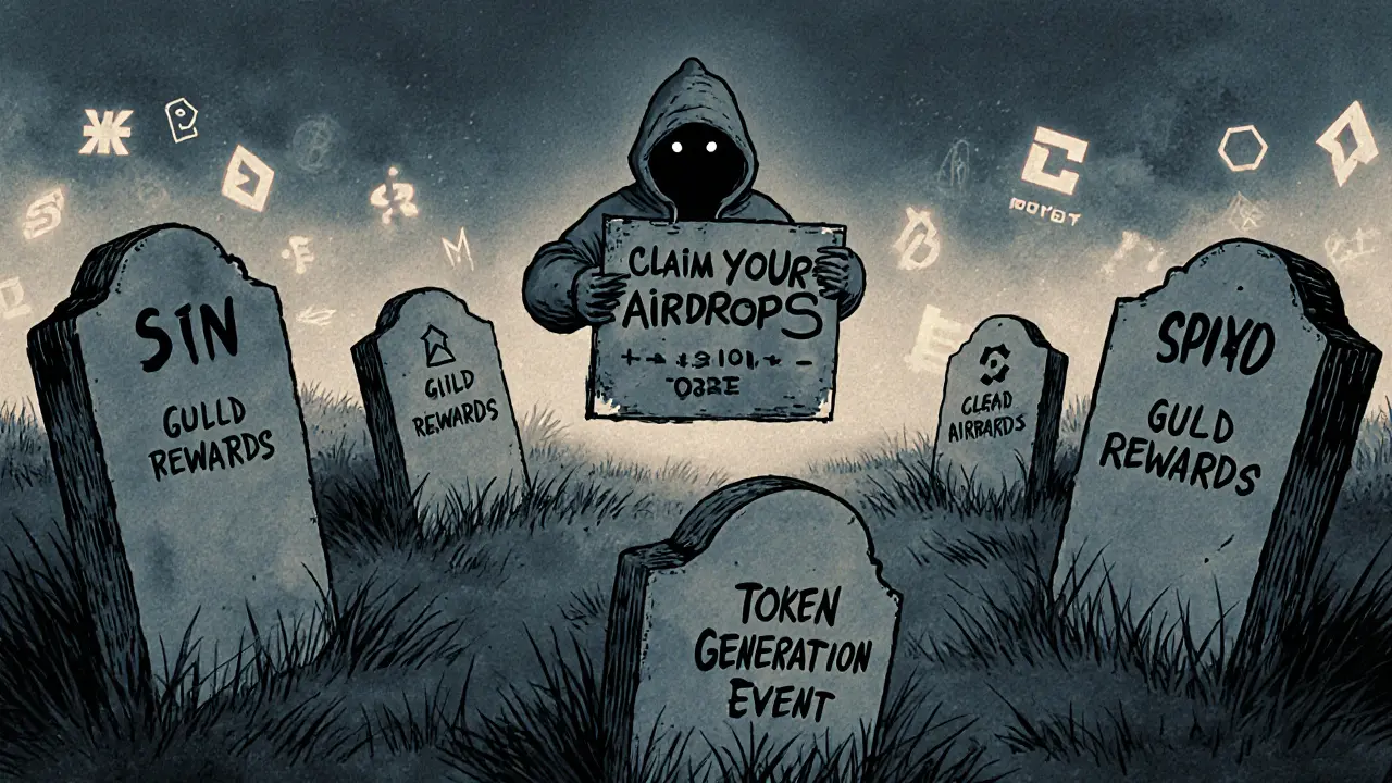 A ghostly digital graveyard of failed crypto projects with faded tombstones