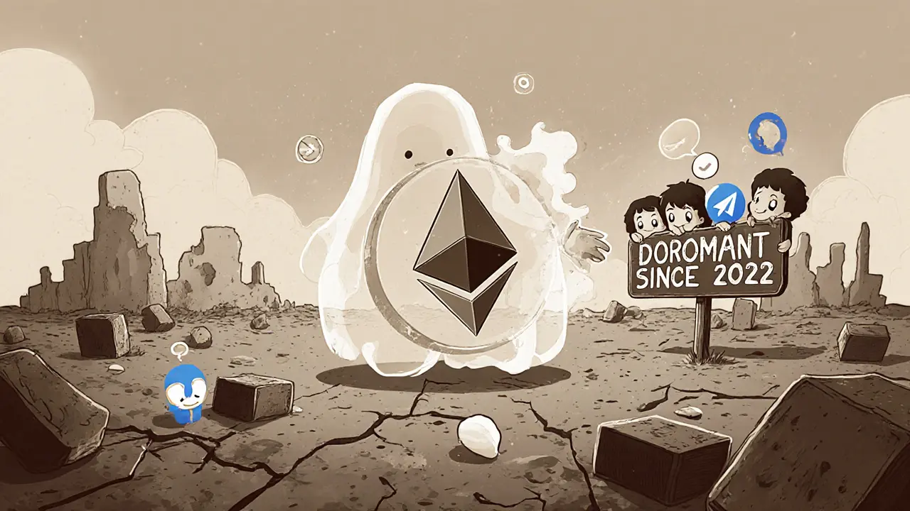 A ghostly SOS token fading away in a digital graveyard of abandoned crypto signs.