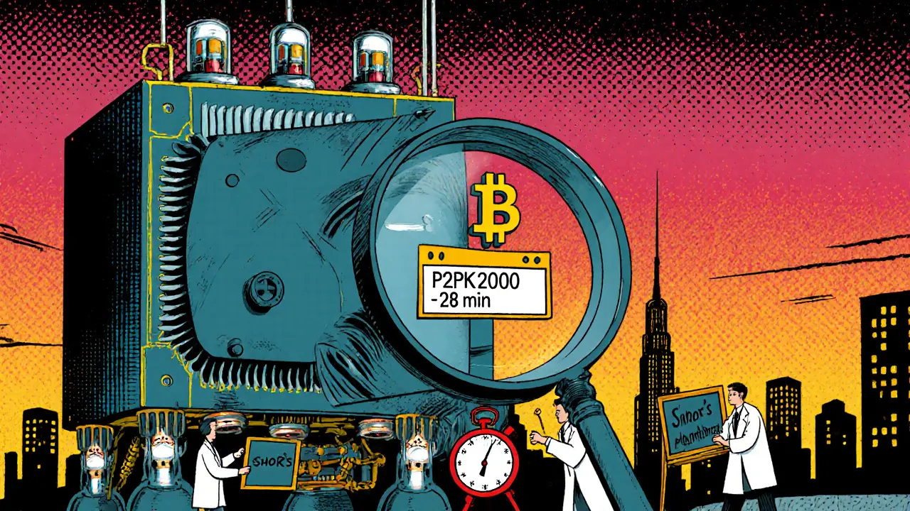 A giant retro quantum computer zooms in on an old Bitcoin address with a magnifying glass, surrounded by frantic scientists.