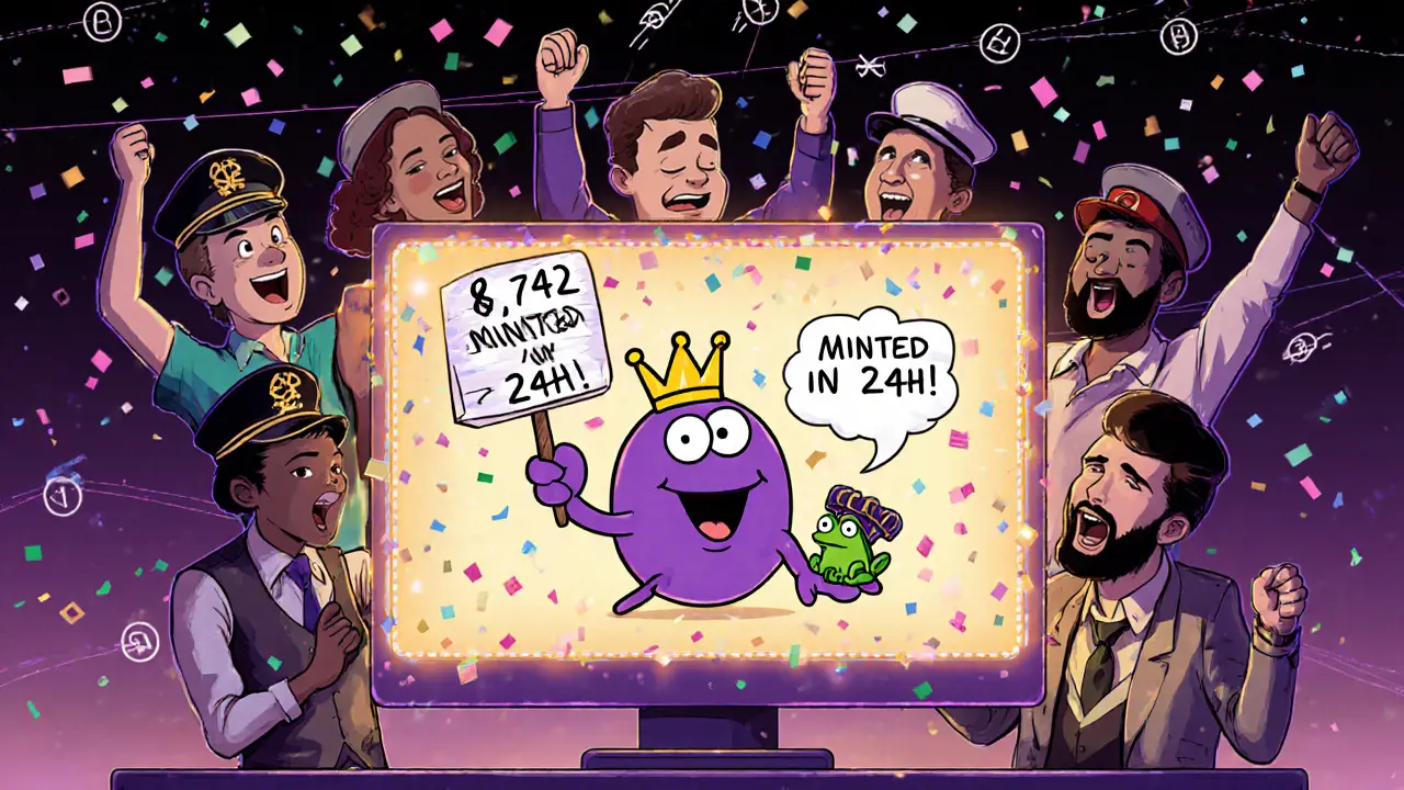 A group of 1950s-style crypto fans cheer as Purple Pepe NFTs are minted, with digital confetti and Solana speed lines in background.