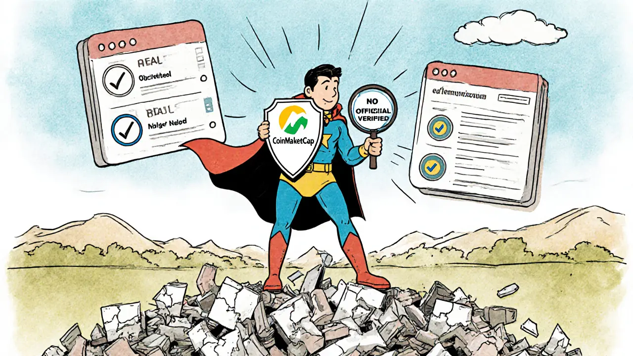 A hero defeats phishing scams with a shield showing CoinMarketCap’s logo.