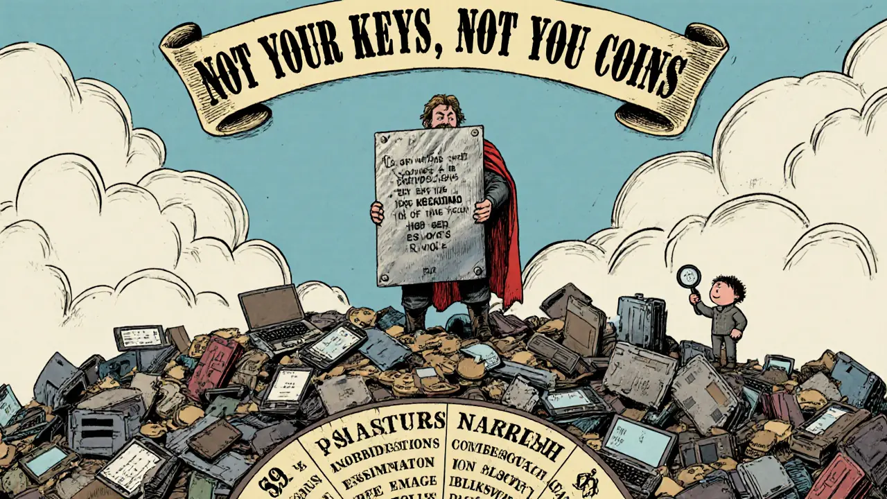 A hero holds a metal seed phrase plate atop a graveyard of dead wallets, while a tiny figure tries to guess impossible combinations.