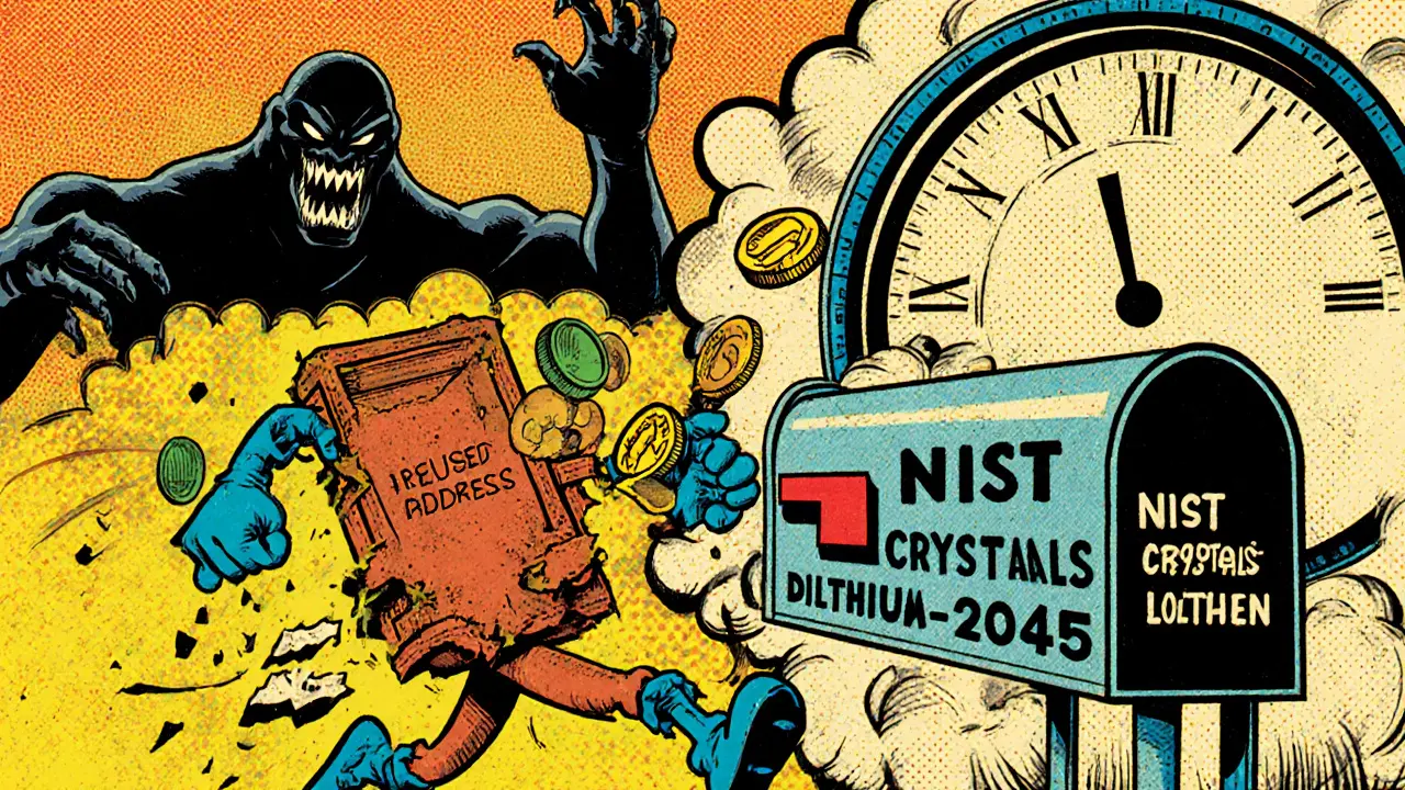 A heroic wallet runs from a crumbling address sign toward a new secure mailbox, chased by a shadowy data monster.