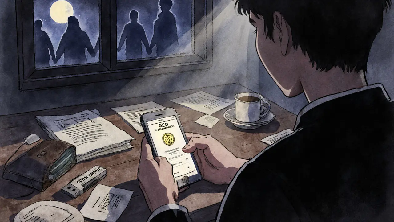 A person alone with an old phone showing a faint GEO token, moonlight illuminating a dusty USB drive.