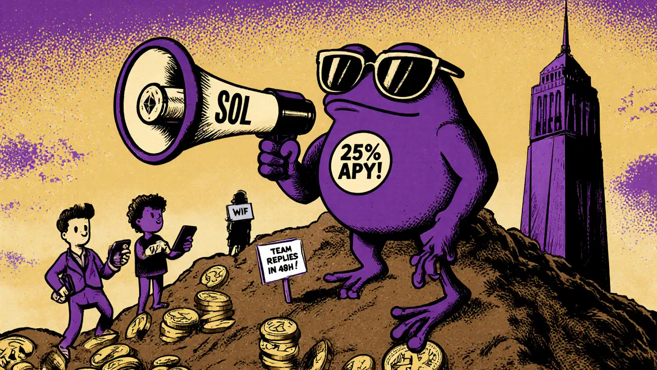 A purple frog with a megaphone leads stakers atop SOL tokens, while WIF and SHIB watch from afar in vintage cartoon style.