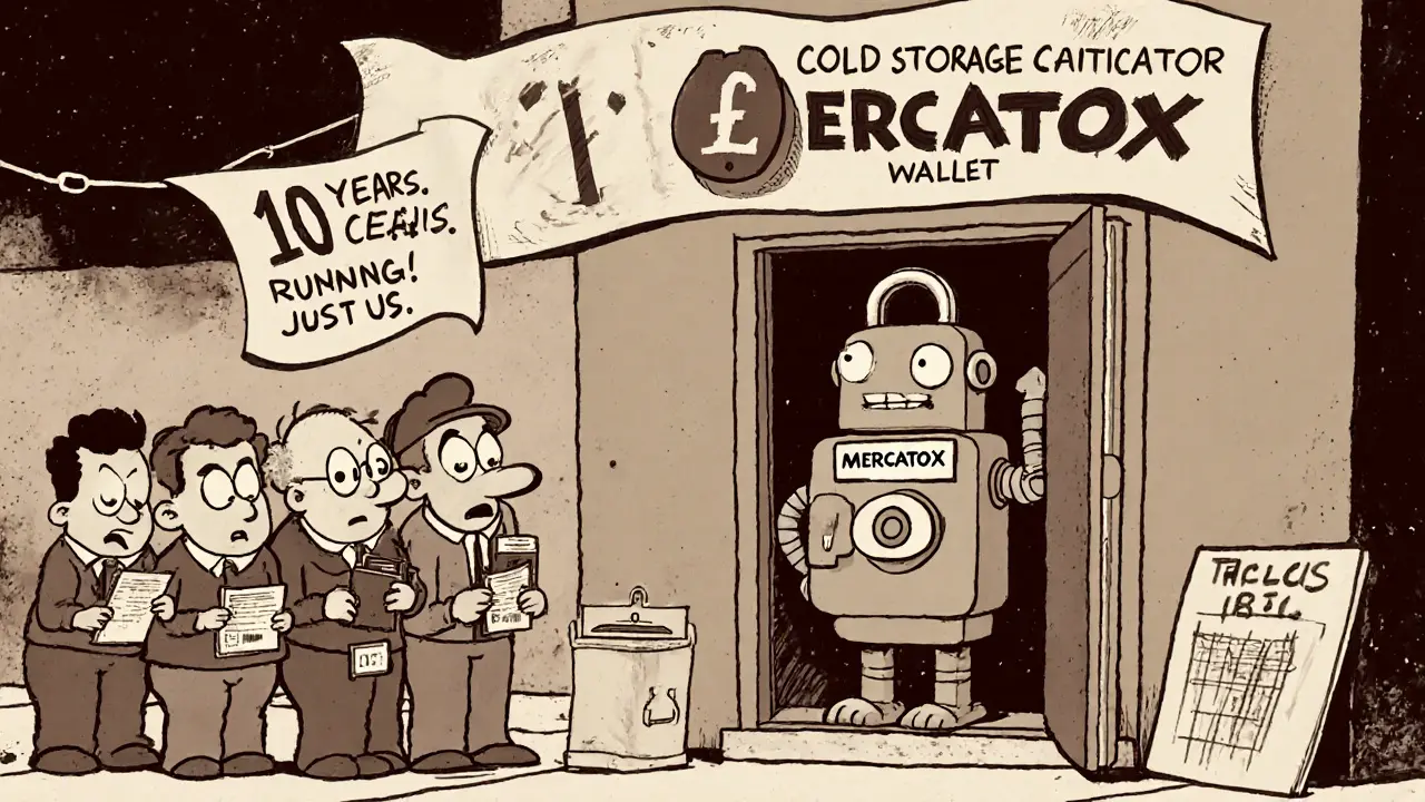 A safe guarded by a robot labeled &#039;2FA&#039; with anxious users outside, under a banner saying &#039;10 Years Running!&#039;