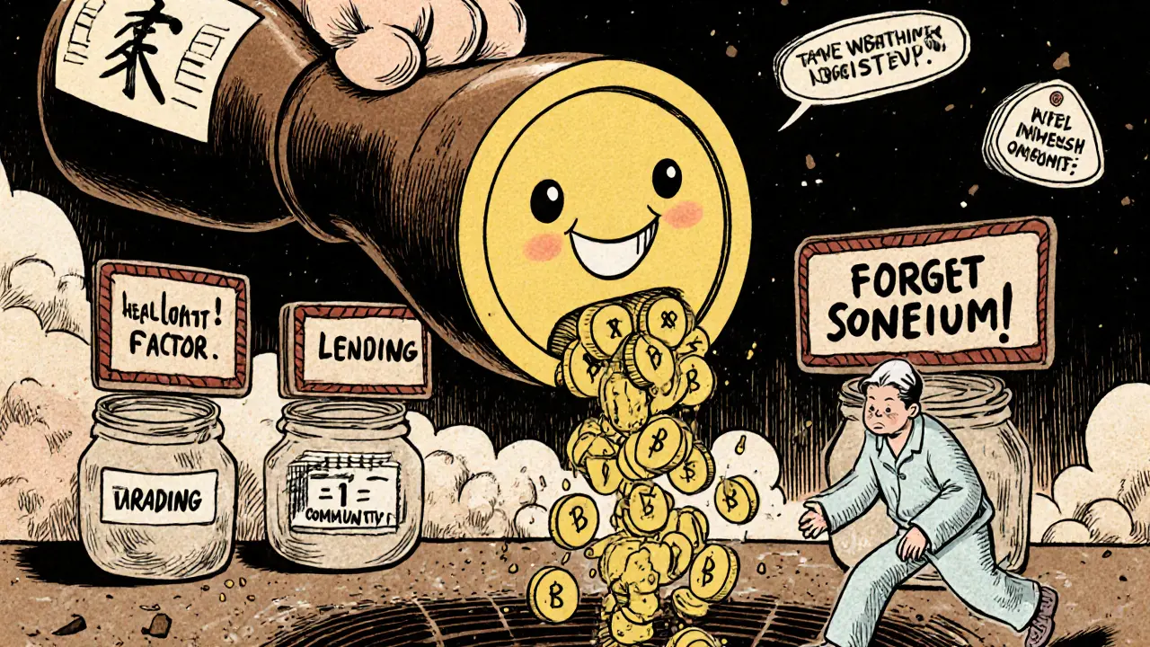 A sake-bottle token pouring points into jars while a user loses position to liquidation.