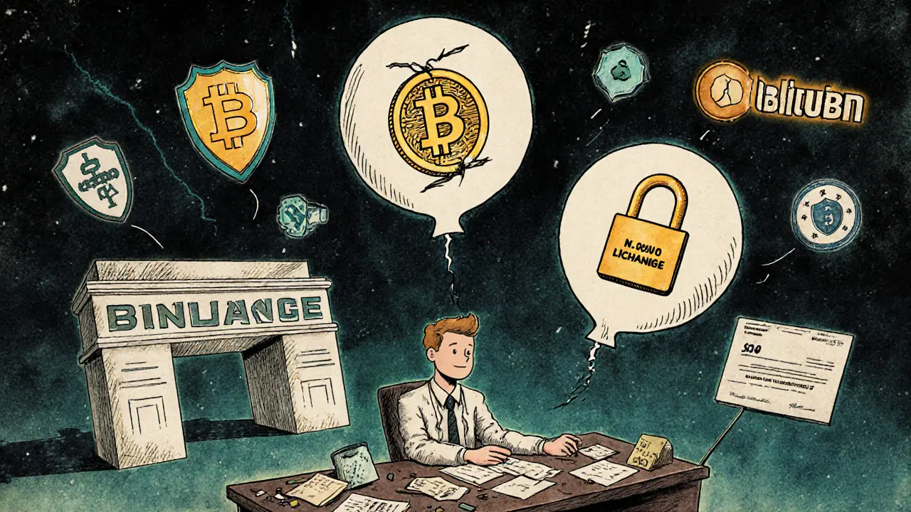 A trader at a desk sees BitUBU&#039;s weak features crumbling while major exchanges shine brightly in the background.