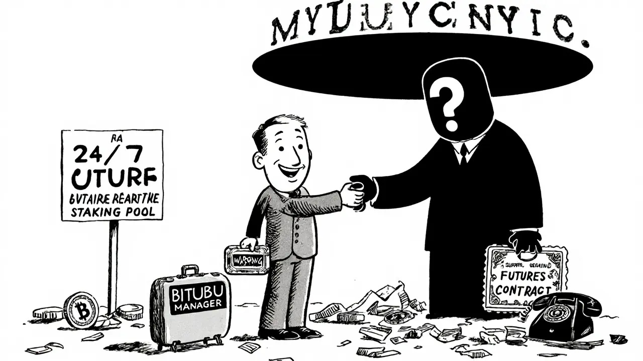 A trader hands over crypto to a faceless manager as a giant &#039;WARNING&#039; stamp looms overhead.