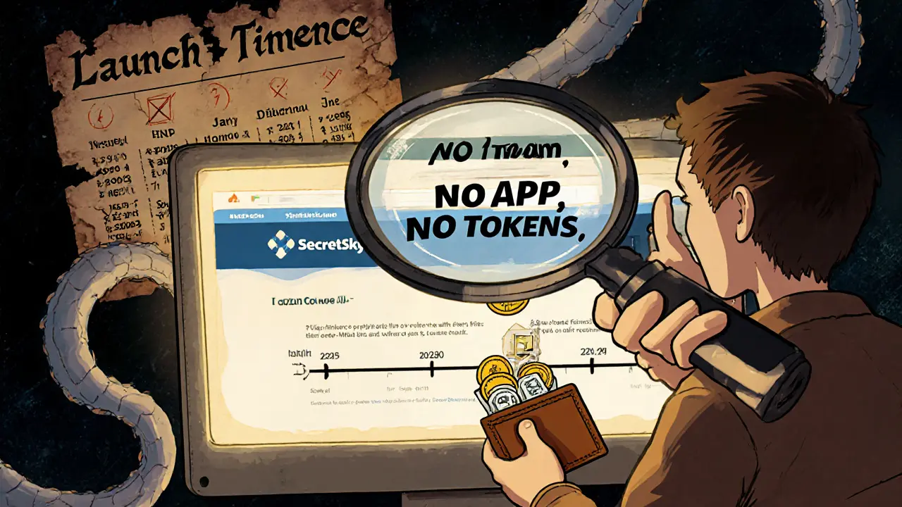 A user&#039;s wallet is drained by tentacles from a fake SecretSky website with a broken launch timeline in the background.