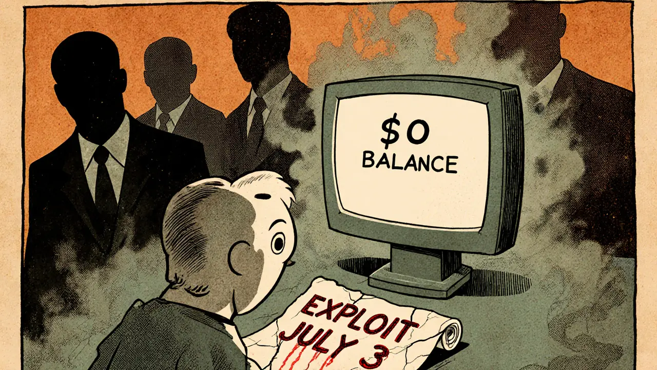 A user stares at a <h2>Why It Failed When Others Succeeded</h2> balance screen while shady figures vanish, with a broken smart contract on the floor.