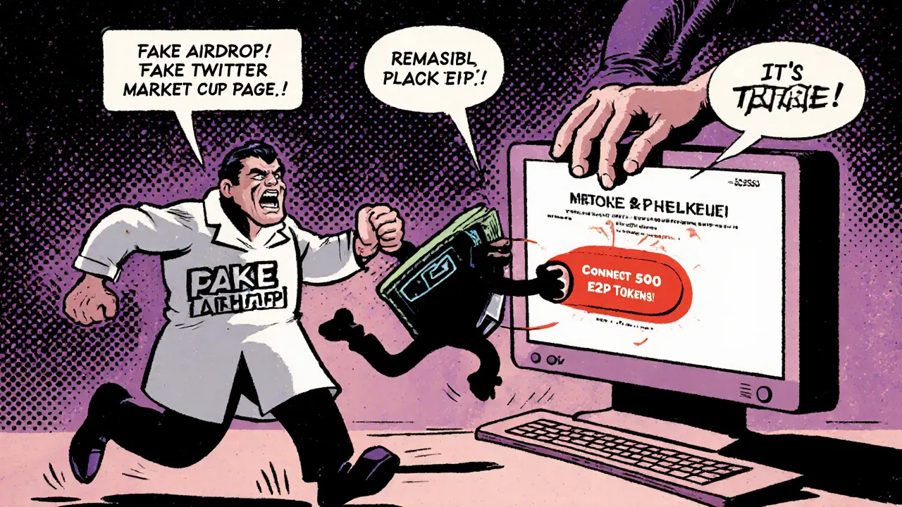 A villain pulls levers to trick a wallet into connecting to a fake airdrop site.