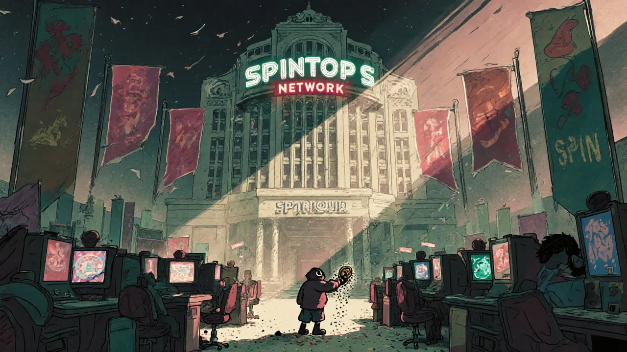 An abandoned blockchain gaming hub with crumbling SPIN tokens blowing away in the wind