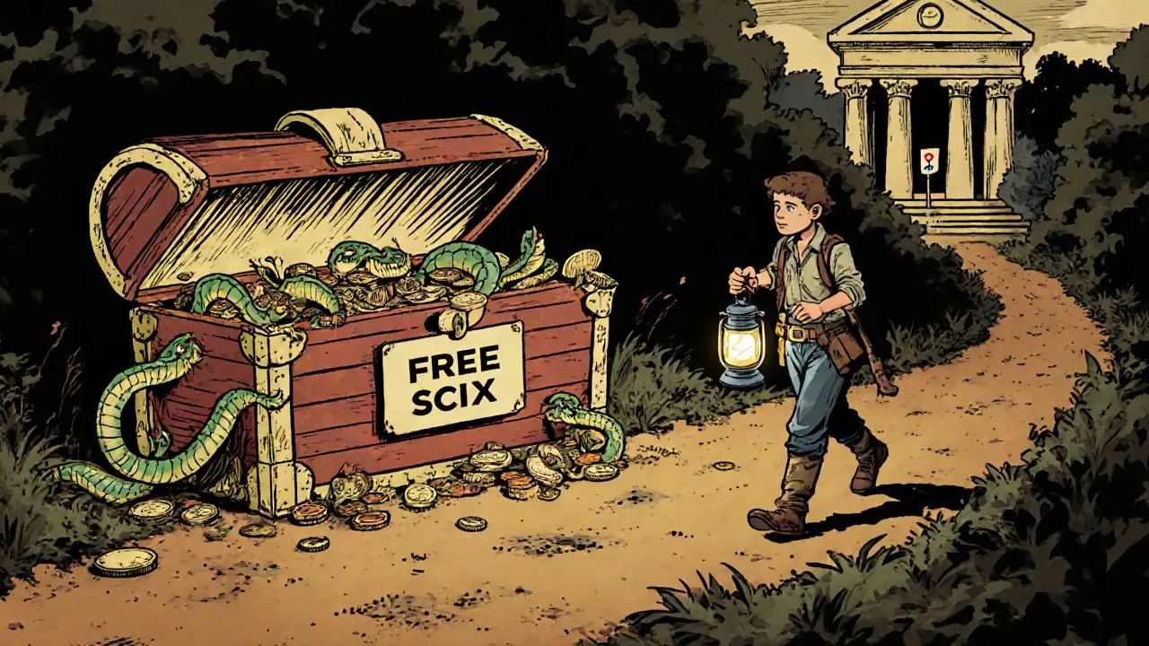 An adventurer walking away from a fake treasure chest toward a safe crypto exchange.