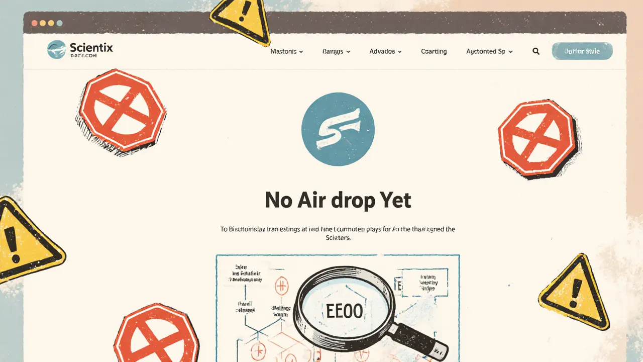 An official Scientix website page with a clear &#039;No Airdrop Yet&#039; message and warning signs.