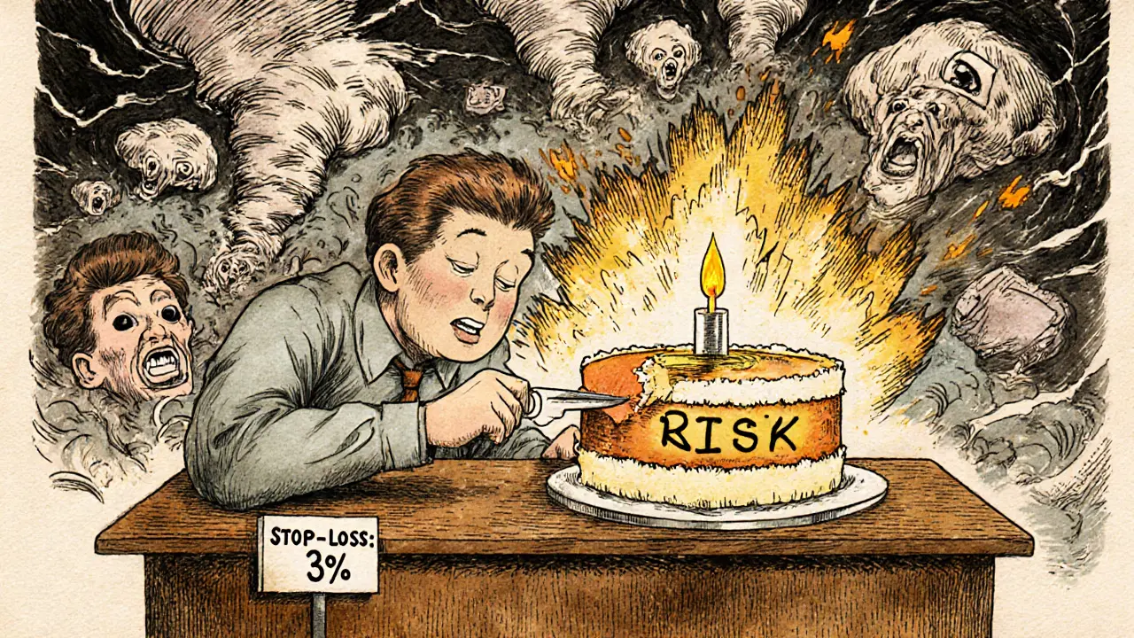 Calm trader cutting risk from a Bitcoin cake while chaos explodes behind