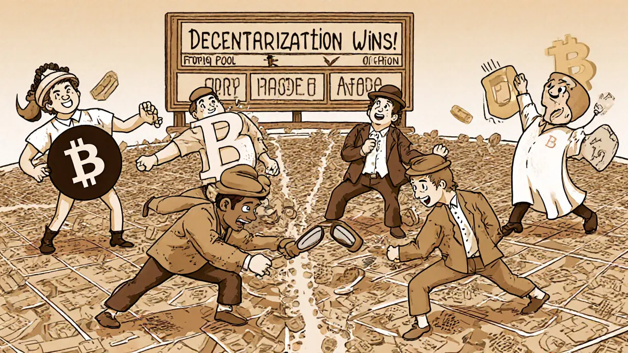 Cartoon mining pools wrestling on a blockchain grid with Bitcoin mascot cheering