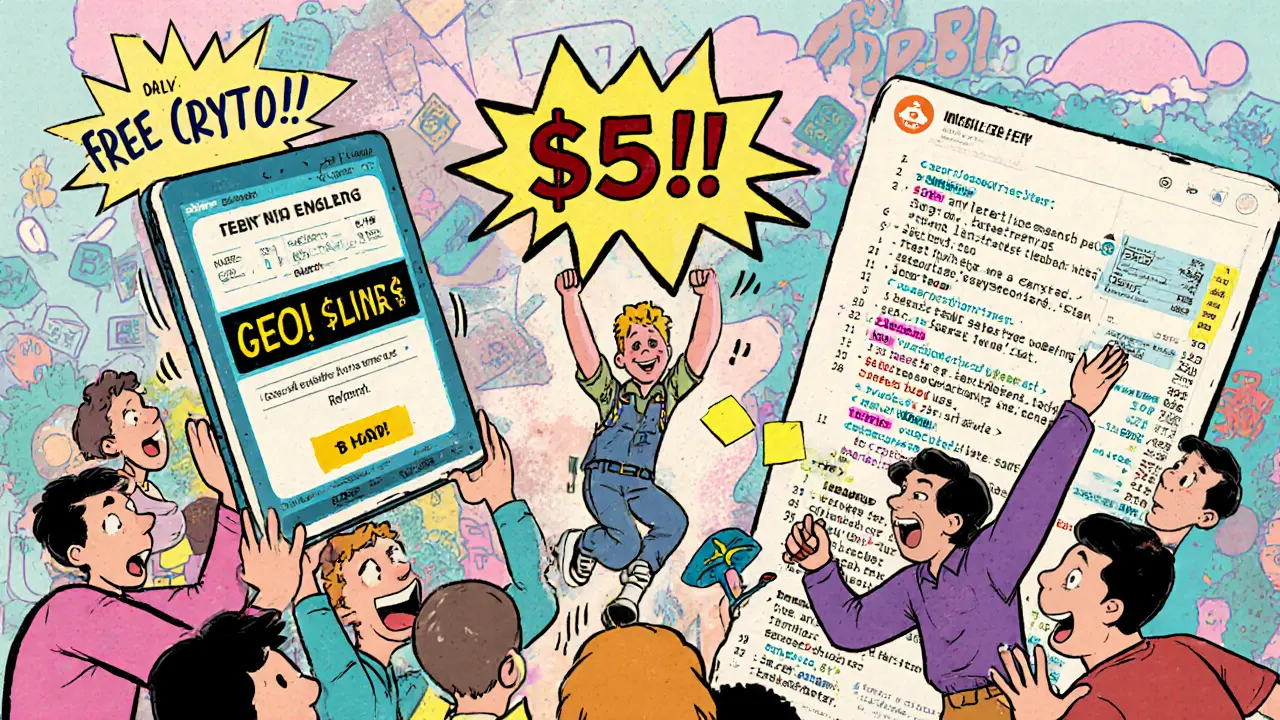 Cartoon users celebrating GEO earnings in online chat groups with glowing screens and speech bubbles.