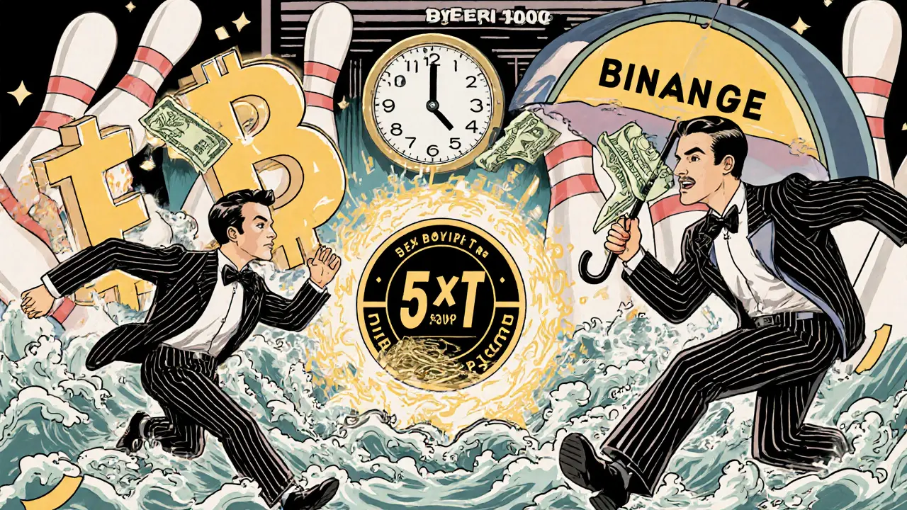 Chaotic 1960s-style trading floor with Bitcoin bowling pins and negative balance vortex