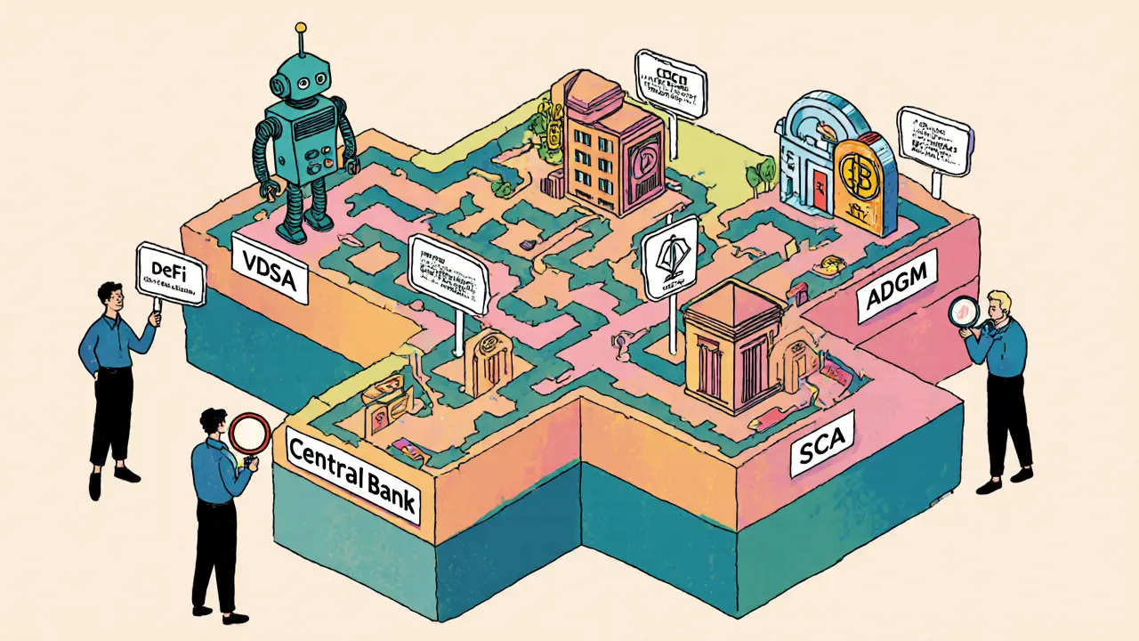Colorful regulatory maze with paths leading to different crypto businesses.