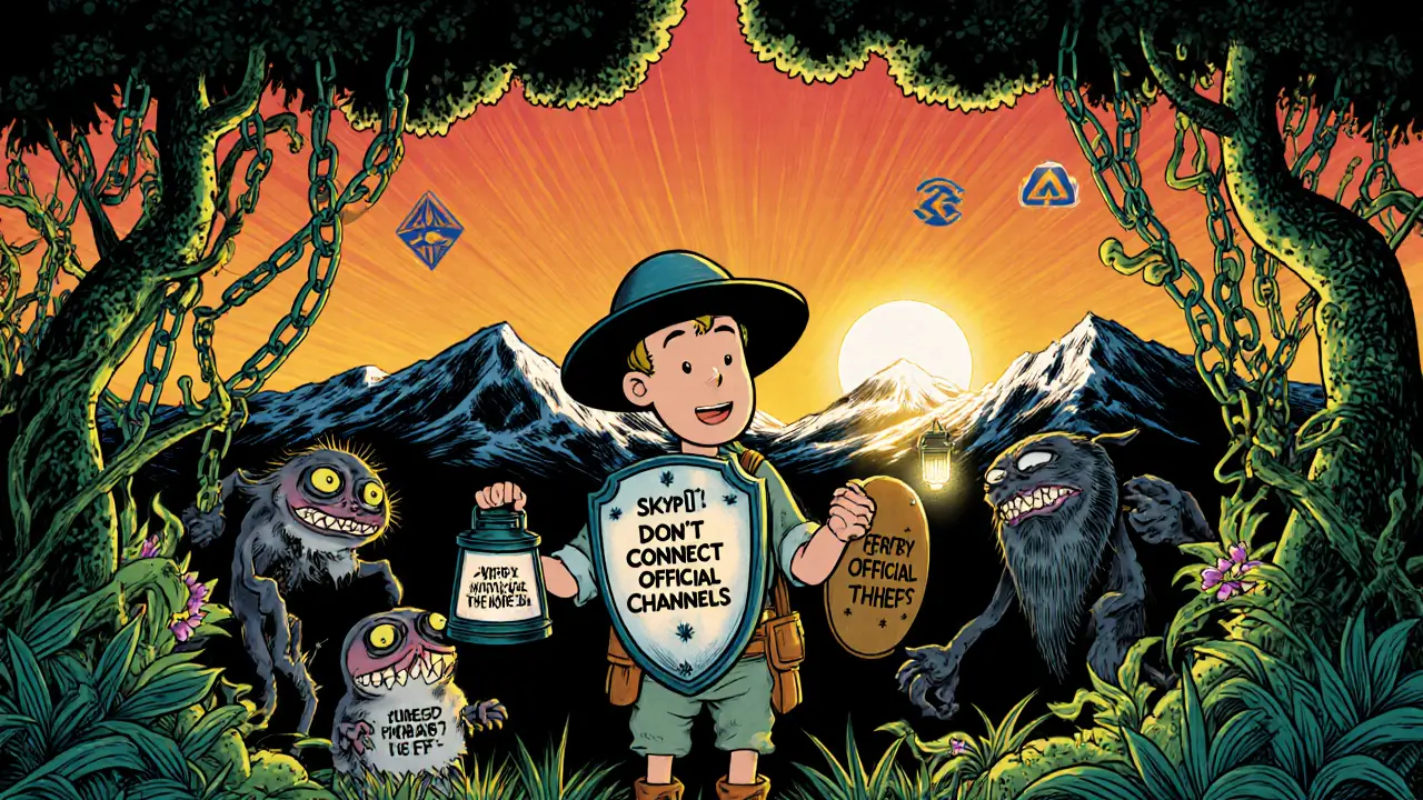 Crypto jungle explorer defends against scam monsters with a &#039;Don’t Connect Wallet&#039; shield in vintage comic style.