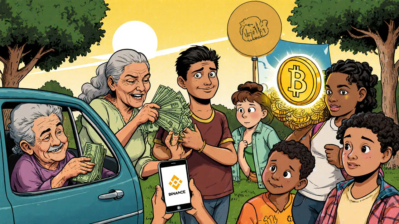 Diverse group exchanging cash for USDT in a park, with a glowing digital dollar coin in the center.