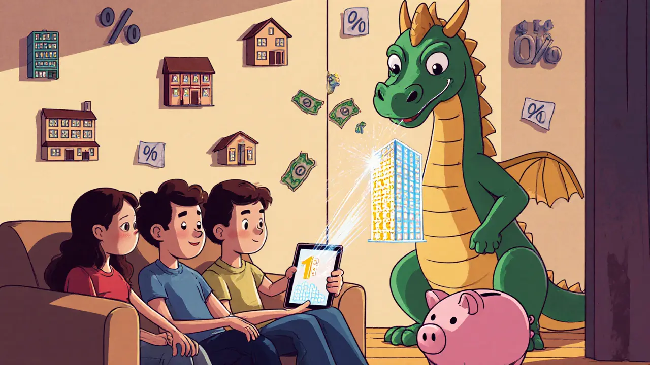 Family watches rent payments flow into piggy bank from a blockchain dragon