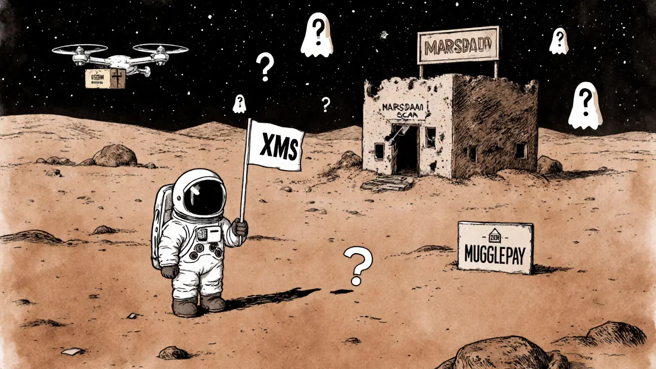 Lonely astronaut on Mars with a broken governance sign and scam signs floating nearby.