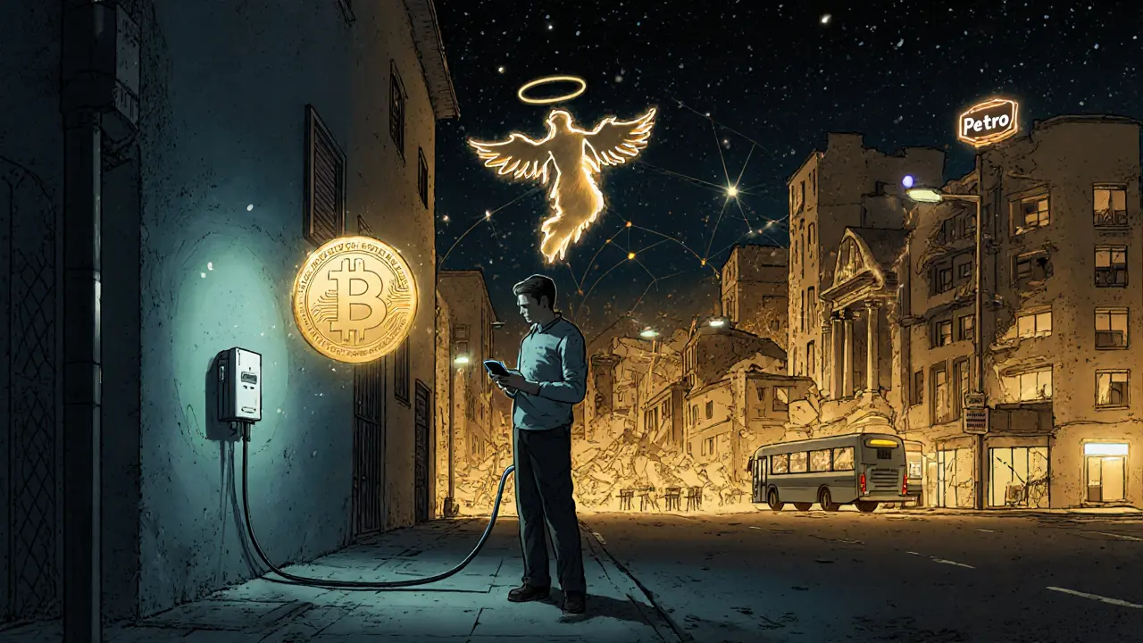 Man charging phone at night as a floating USDT coin shines above, while government symbols fade away.