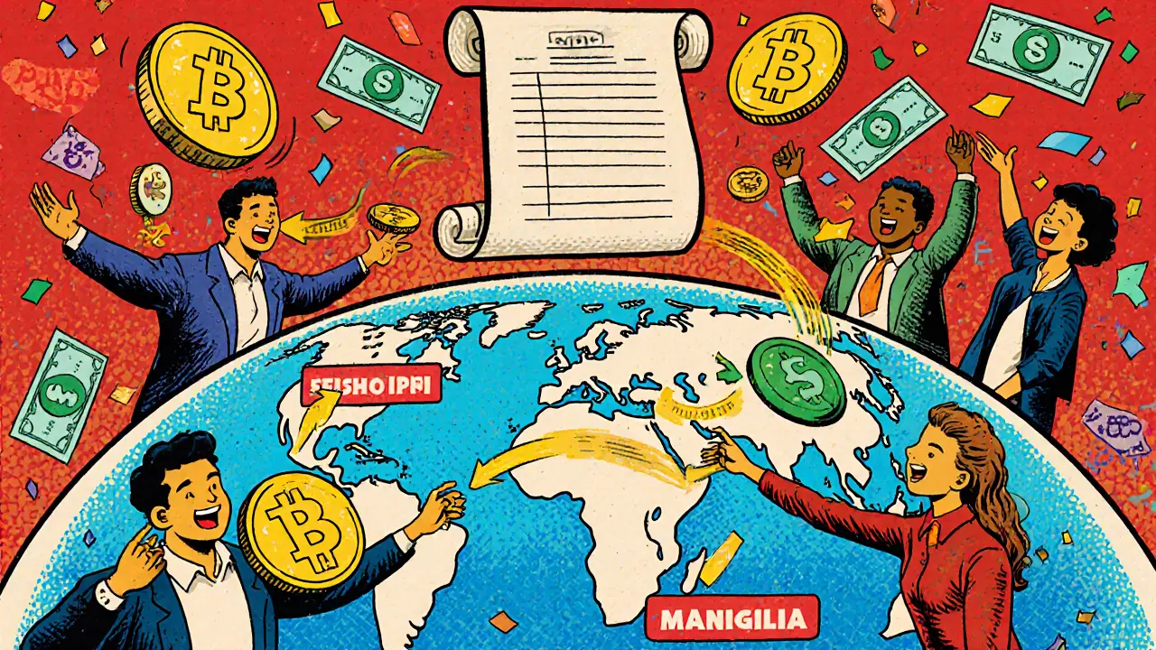 People trading real estate tokens on a glowing globe in a retro digital marketplace