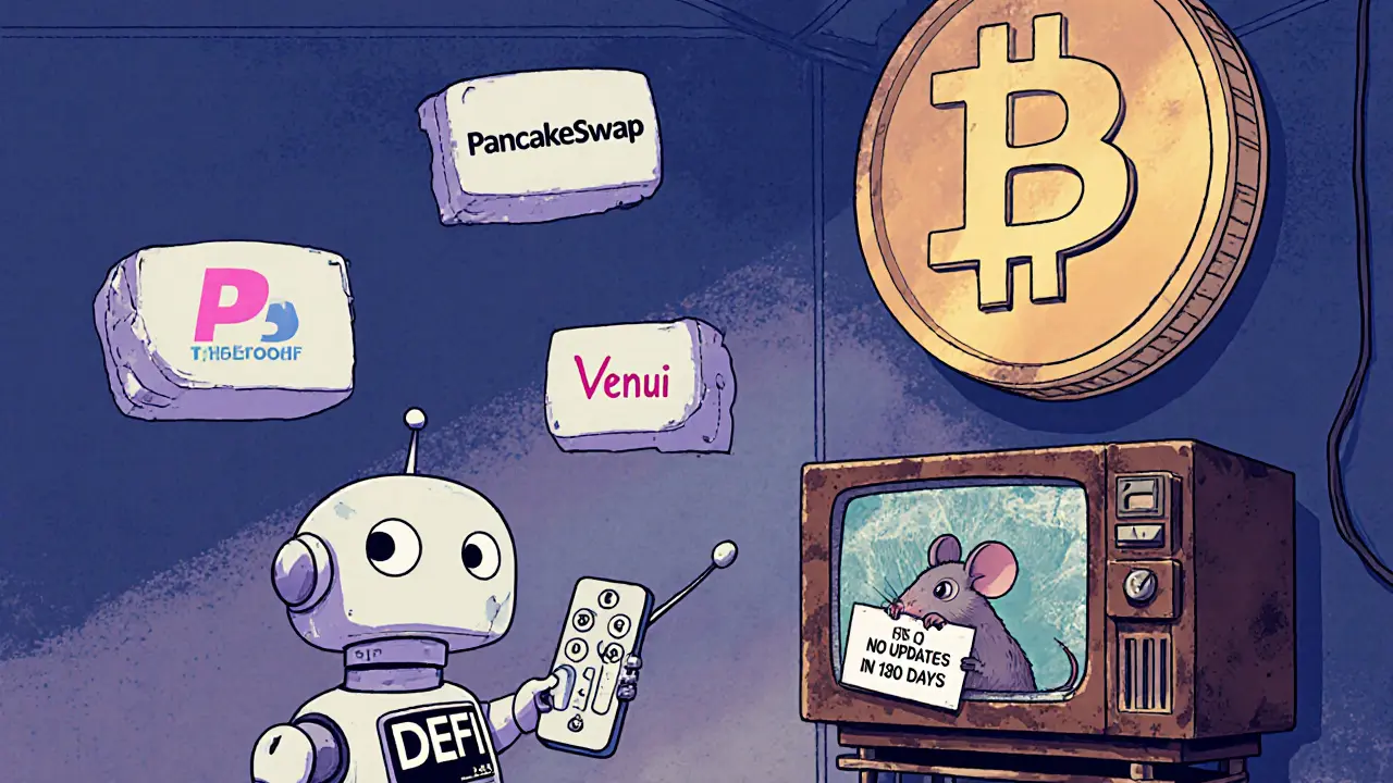 Robot using a broken DeFi dashboard with locked tokens and zero activity in vintage cartoon style.