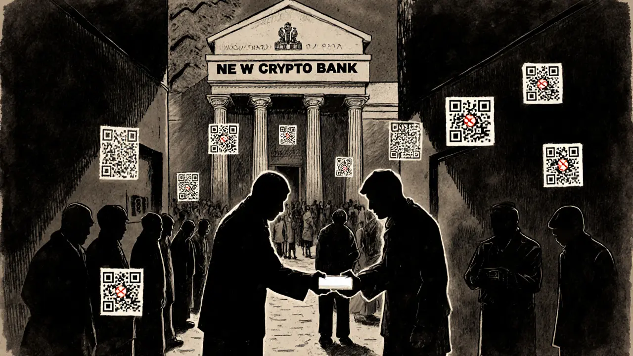 Shadowy figures trading crypto in an alley while a bank forbids it, in 1940s cartoon style.