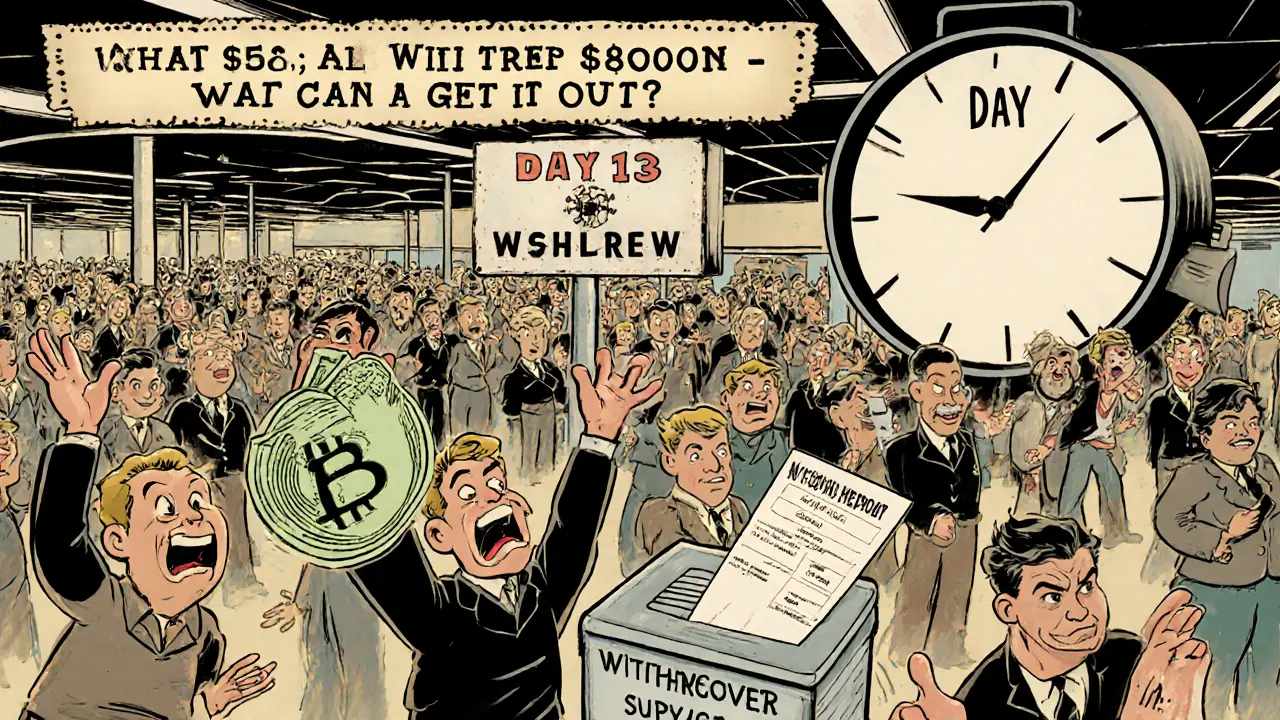 Traders in a vintage cartoon trading floor with one holding a recovery invoice and a clock showing 13 days of pending withdrawal.