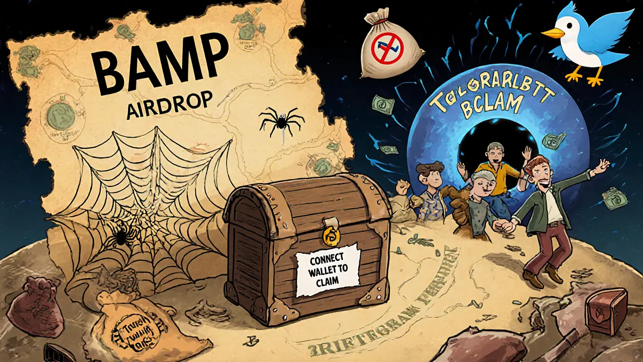 Treasure map to empty airdrop chest with people being sucked into a scam vortex in vintage cartoon style.