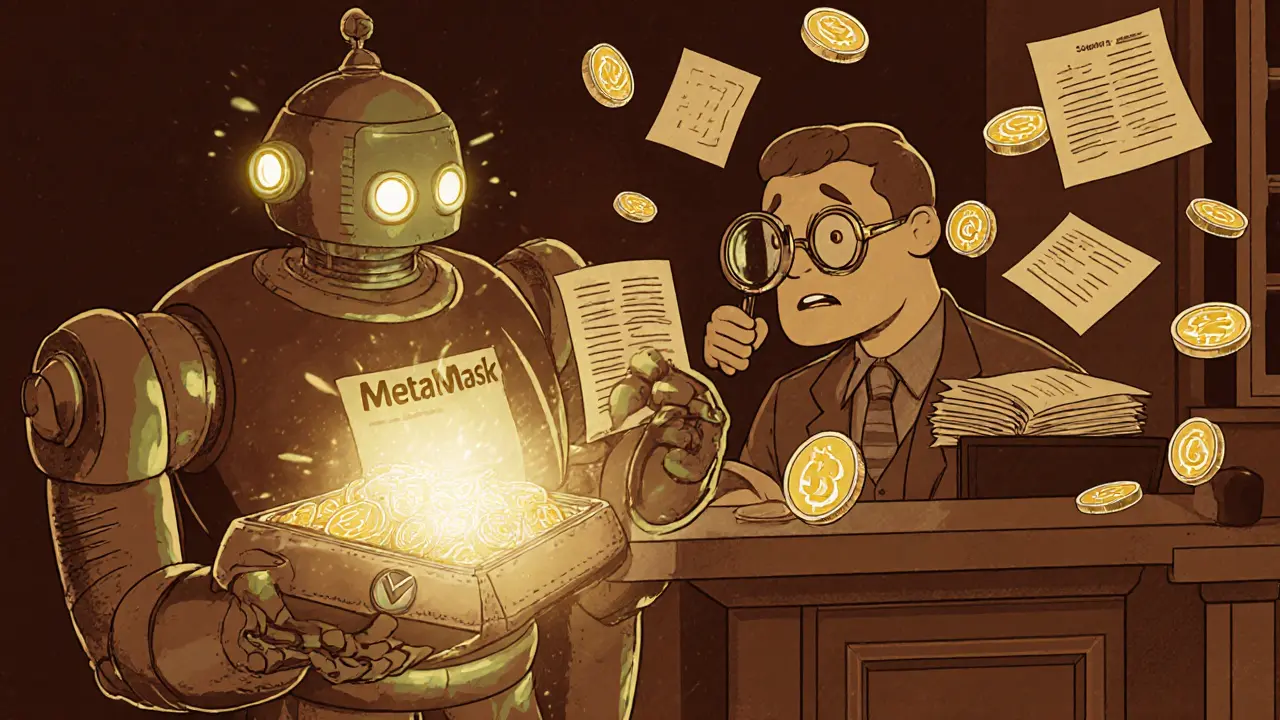 User connects wallet to a friendly robot handing out coins, while a confused bank teller looks on.