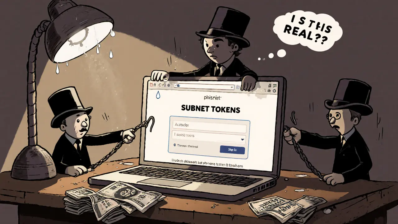 User deceived by phishing site as shadowy scammers steal crypto tokens, classic cartoon style.