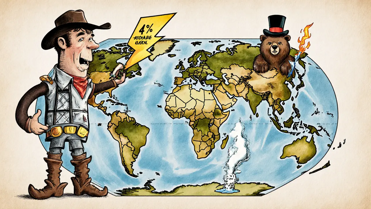 Vintage map showing countries as cartoon characters representing Bitcoin hash rate shares