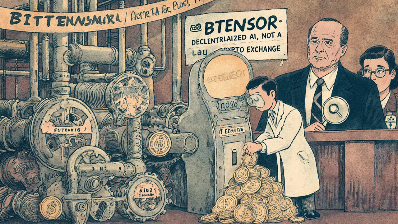 Whimsical AI subnet factory staking TAO for tokens, with regulators watching, vintage cartoon illustration.