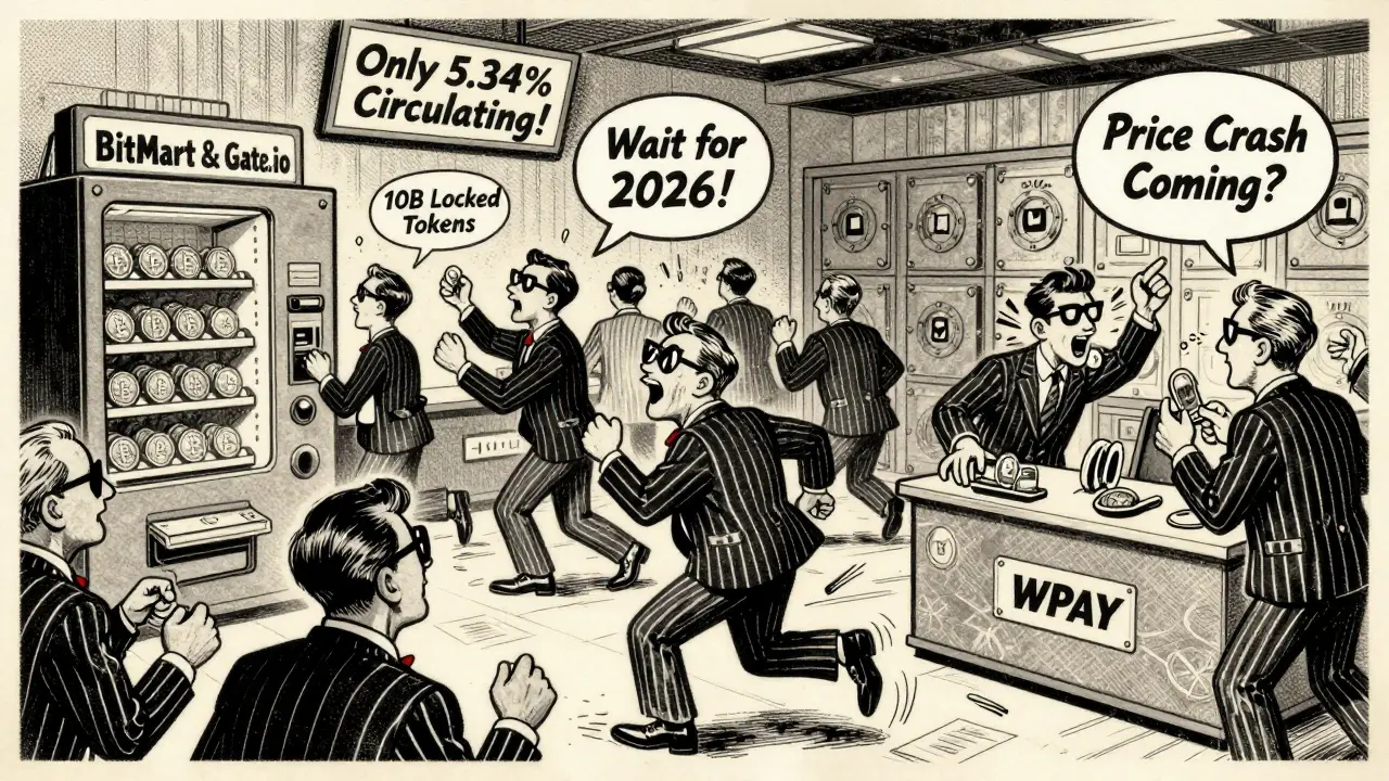 1960s-style traders buying WPAY tokens from a vending machine as locked vaults loom in background