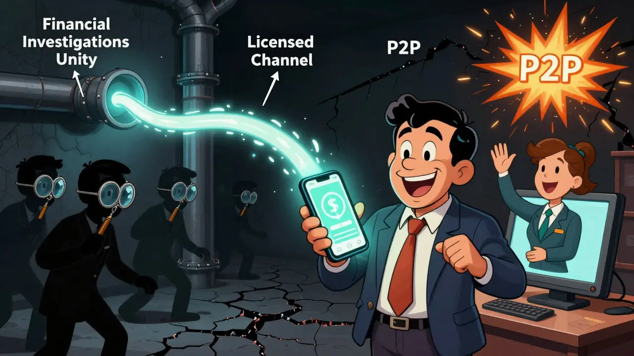 A businessman safely sending USDT through a bank app, while regulators watch the approved transaction path.