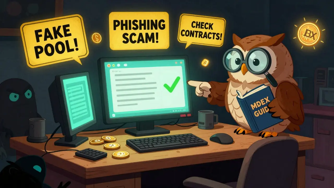 A confused user guided by an owl past crypto scams, with a clean MDEX wallet glowing safely.