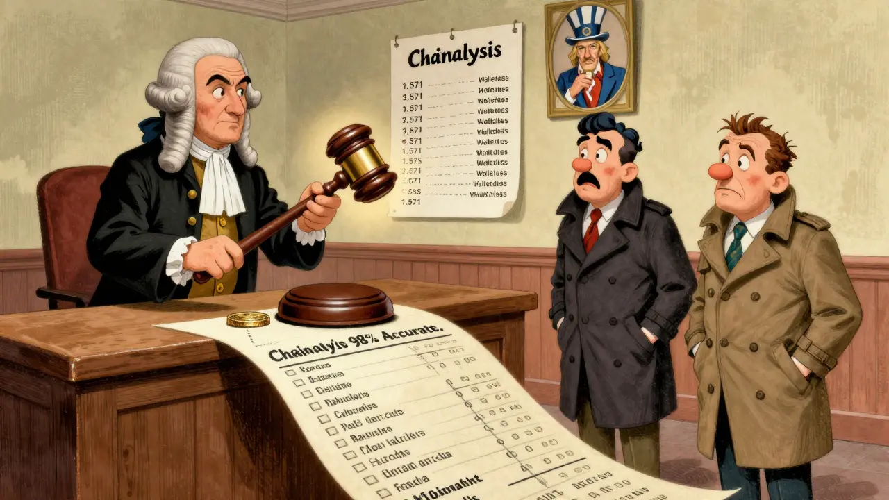 A courtroom scene with cartoon defendants accused of crypto sanctions evasion, watched by a giant blockchain ledger.