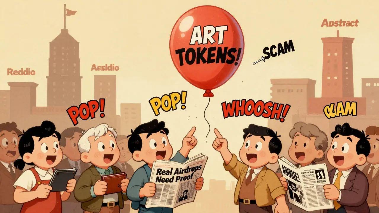 A crowd watches a fake token balloon pop as a wise character reads about real airdrops.