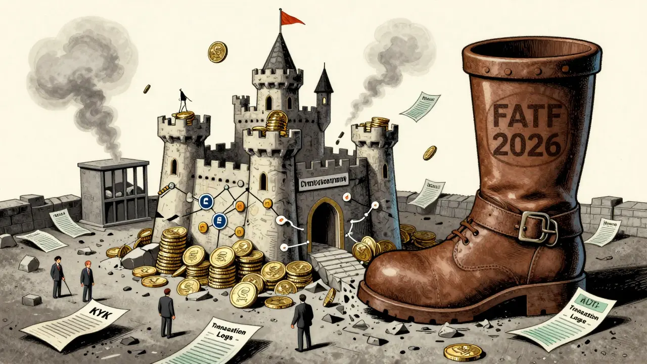 A crumbling castle of crypto coins collapsing under a regulatory boot, with KYC concrete pouring into the moat.