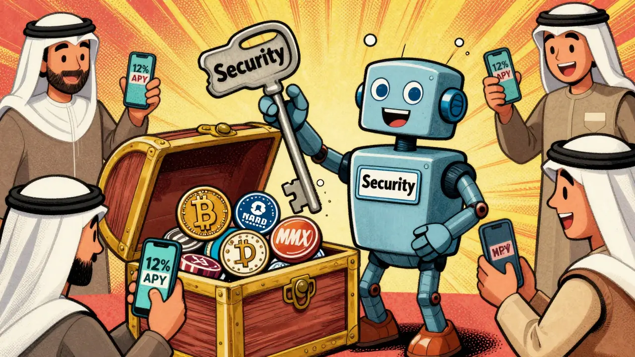 A friendly robot with a VARA license unlocks a treasure chest of crypto tokens in vintage cartoon style.