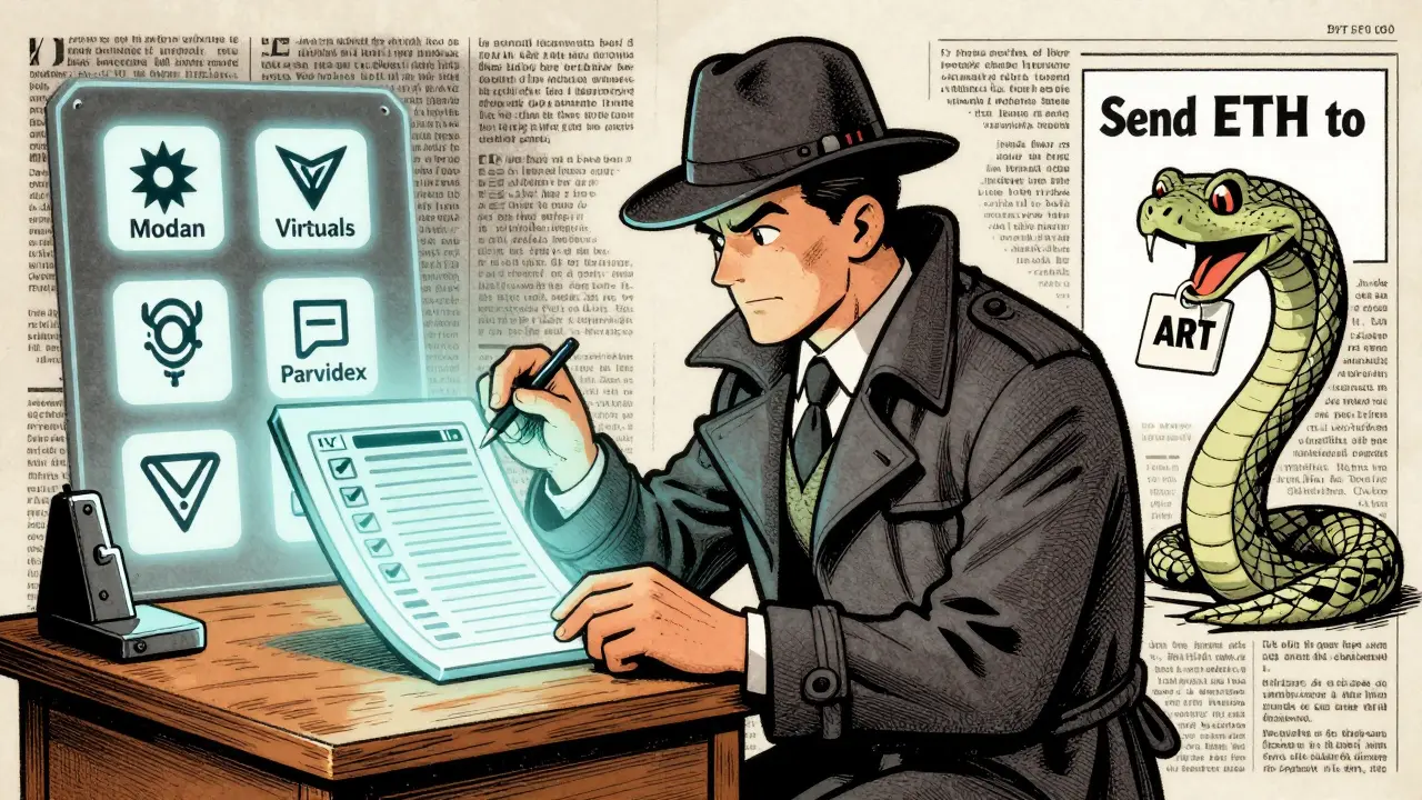 A hero checks a blockchain ledger while a sneaky snake tries to trick him with a scam.